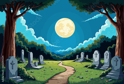 Cartoon graveyard with tombstones under full moon at night  