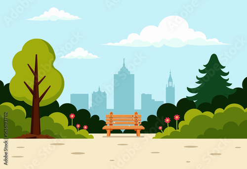 City park with bench and trees under blue sky and fluffy clouds  
