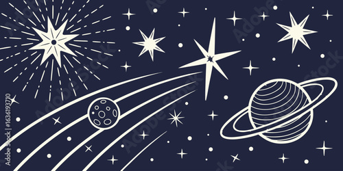 Celestial bodies and cosmic phenomena in a starry expanse space stars