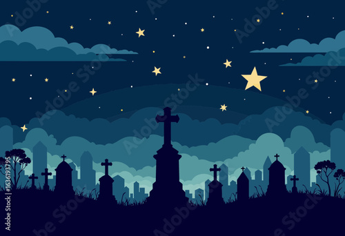 Nighttime cemetery landscape with tombstones and starry sky  