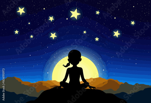 Silhouette of a person meditating under a starry night sky  