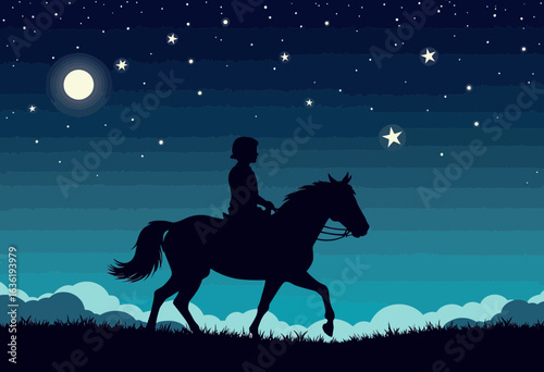 Silhouette of rider on horseback under starry night sky  