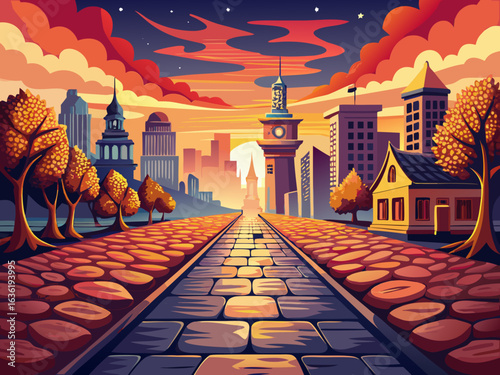 vector of The beautiful path with its cobblestones leads to America and showcases the beauty of the buildings and the sunset.
