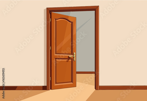 Open wooden door in light-colored room with hardwood flooring  