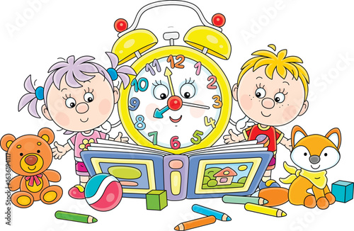 Funny alarm clock cartoon character reading an interesting fairy tale book to little preschool children among funny toys in their nursery room, vector cartoon illustration on a white background