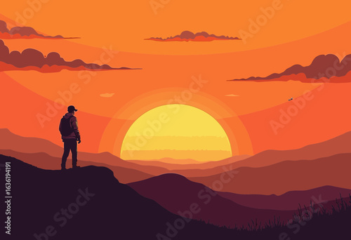 Mountain hiker standing on cliff and watching sunset over valley  