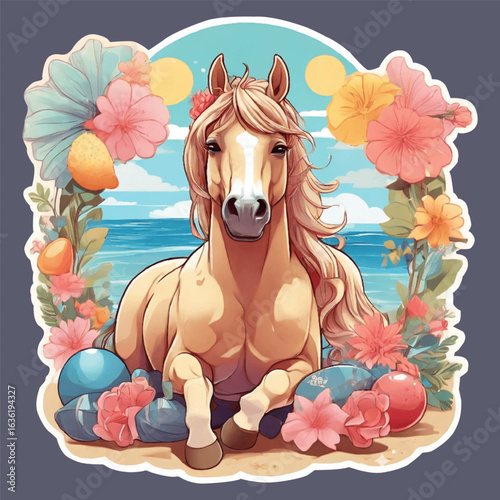 Kawaii style illustration of a unicorn horse in pastel colors with flowers.