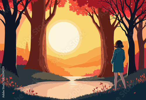 Woman standing by the river at sunset surrounded by autumn trees  