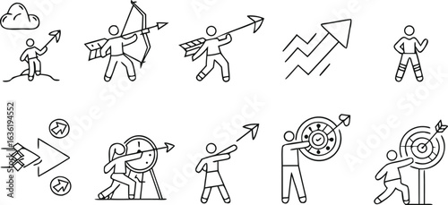 Stick figures aiming arrows at targets and climbing towards success vector
