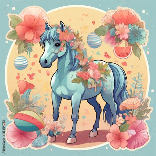 Bright vector illustration of horse in kawaii style. Cute cartoon sticker design.