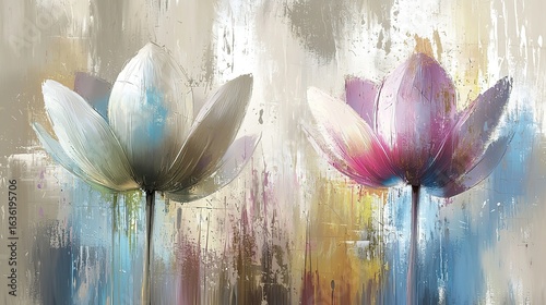 Vintage Abstract Floral Background with Large Pastel Flowers, Hand-Painted Oil Painting Wall Art for Home Decor
