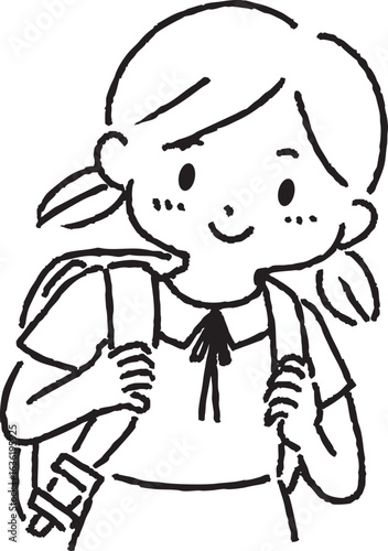 ランドセルを背負う女の子の線画のイラスト