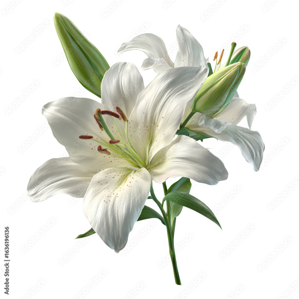 Obraz premium A beautiful white lily flower with delicate petals and green leaves, isolated on a transparent background, showcasing its natural elegance and purity