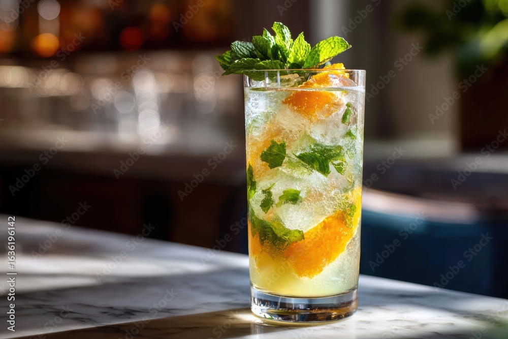 A refreshing cocktail with mint and citrus garnishes, served in a tall glass, showcasing vibrant colors and ice. A refreshing cocktail with mint and citrus garnishes, served in a tall glass, showcasing vibrant colors and ice.