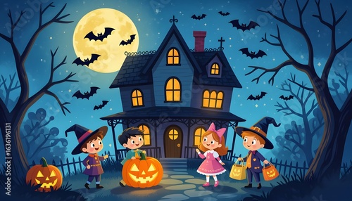 Halloween background featuring haunted house spooky pumpkin and bats at night
