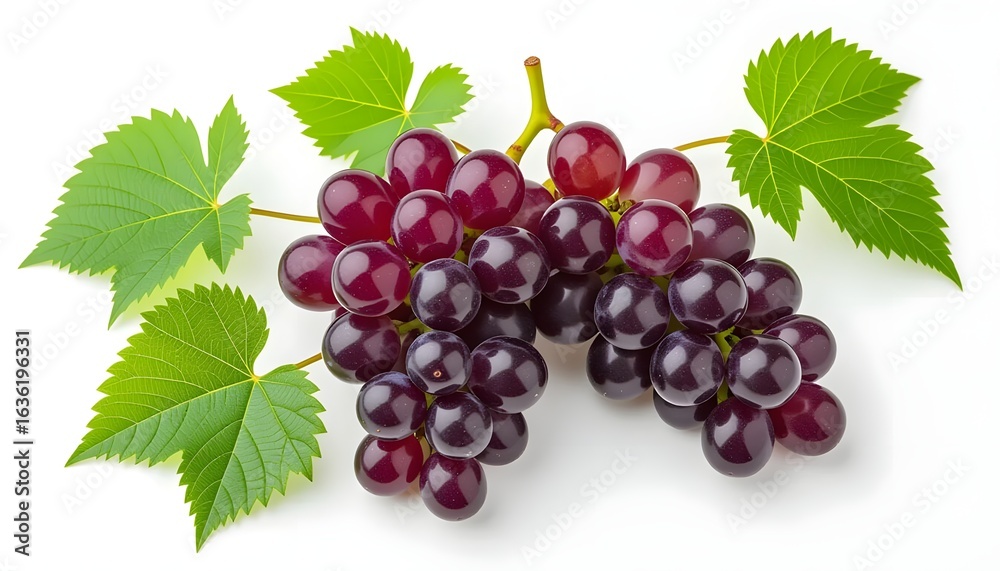 Fototapeta premium Bunch of fresh red grapes with green leaf isolated on white background