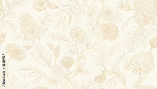 Hand-drawn beige floral pattern with intricate organic designs. Detailed line work, soft textured shading. Illustration for wallpaper, fabric, textile, design, decor, art, vintage style.