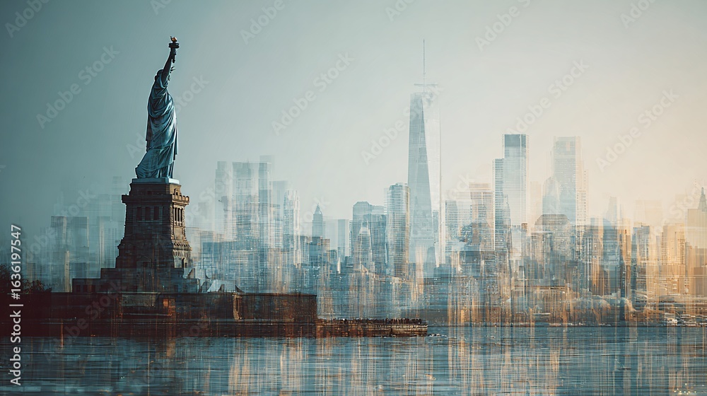 Fototapeta premium Statue of Liberty and New York Cityscape Double Exposure
