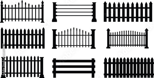 Collection of various fence silhouettes, including wooden, metal, and wire designs, perfect for architecture, garden, security, and decorative purposes