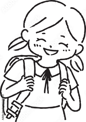 ランドセルを背負う笑顔の女の子、線画