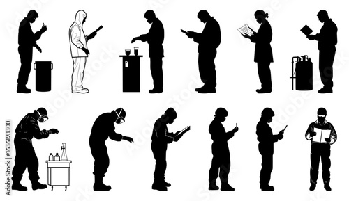 Scientist silhouette collection with researchers conducting experiments, analyzing samples, and using laboratory equipment
