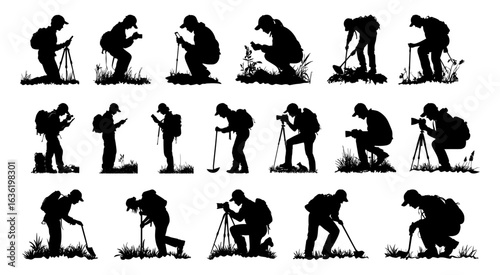Scientist silhouette set with researchers working outdoors, collecting samples, and conducting field studies