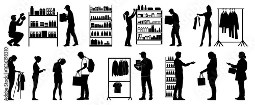 Retail worker silhouette set featuring employees stocking shelves, organizing products, and assisting shoppers