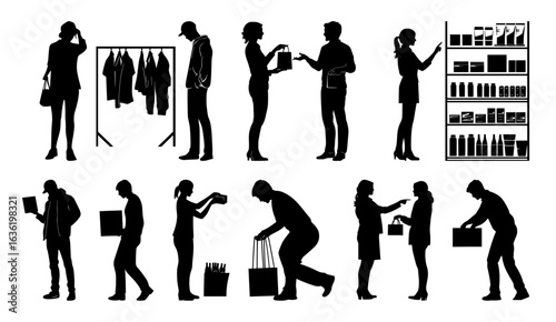 Retail staff silhouette collection with shop workers handling products, assisting customers, and stocking shelves