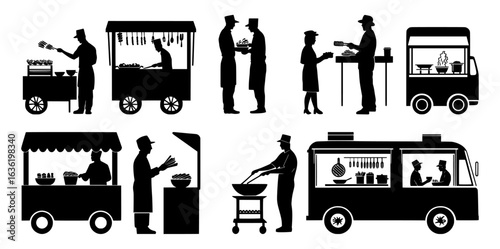 Street food vendor silhouette collection with food trucks, carts, and people buying and selling snacks