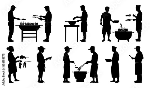 Street food silhouette set showing vendors grilling, serving, and preparing food at various stalls