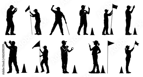 Training coach silhouette set with sports instructors giving directions and guiding athletes in practice