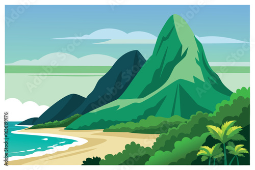 Tropical Island Beach with Green Mountains, Sandy Shoreline, and Blue Sky