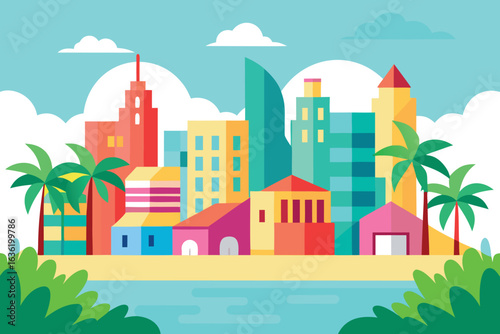 Vibrant Cityscape Illustration with Palm Trees, Beachfront Buildings, and Colorful Architecture