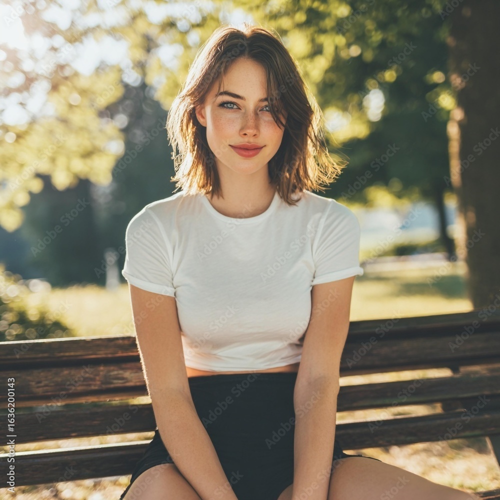 Young woman on park bench in summer Young woman on park bench in summer