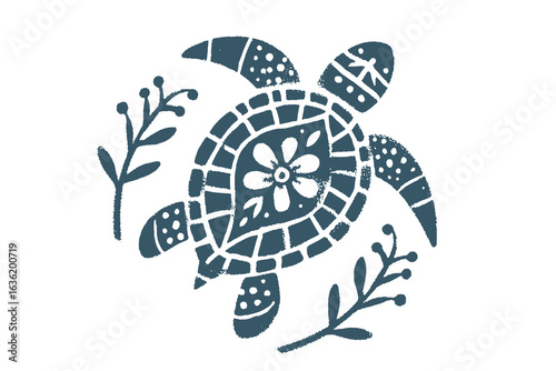 Sea turtle with floral shell folk art silhouette vector illustration