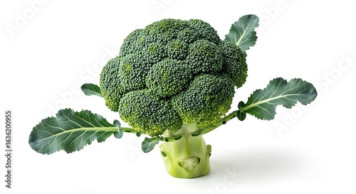 Fresh green broccoli crown with leaves on white background