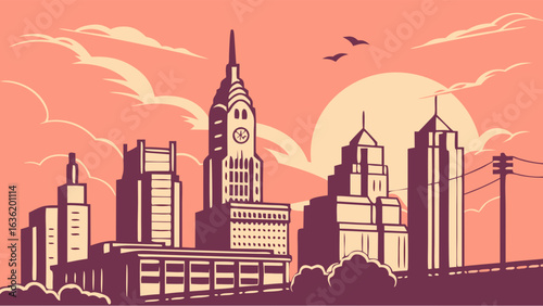 Philadelphia skyline vector art deco cityscape illustration suitable for prints, posters, websites, and promotional materials of the citys landmarks.