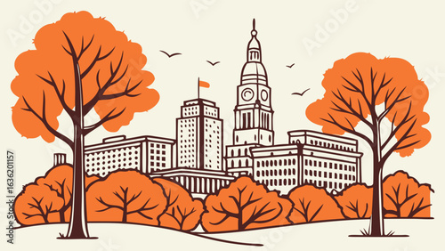 Philadelphia skyline vector with autumnal cityscape, buildings, trees, birds. Suitable for travel brochures, city guides, website banners, and postcards.
