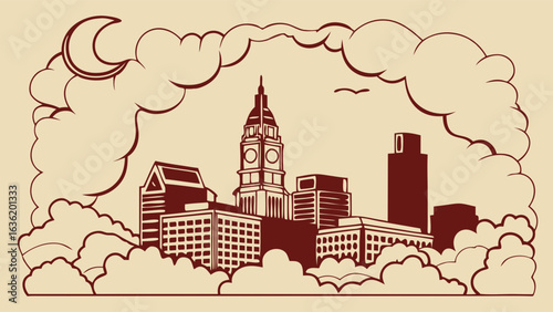 Philadelphia skyline vector art, with dreamy nighttime cityscape and cloudy aesthetics, suitable for travel brochures, posters, or social media.