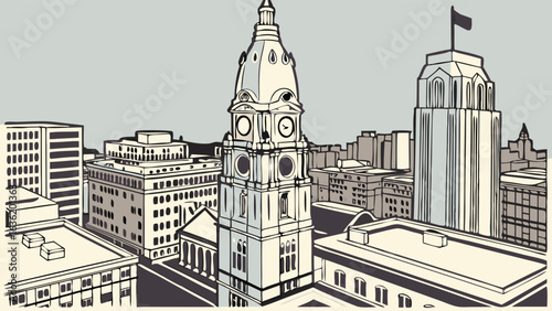 Philadelphia skyline vector of city hall and buildings suitable for urban design projects, travel brochures, city presentations, tourism websites.