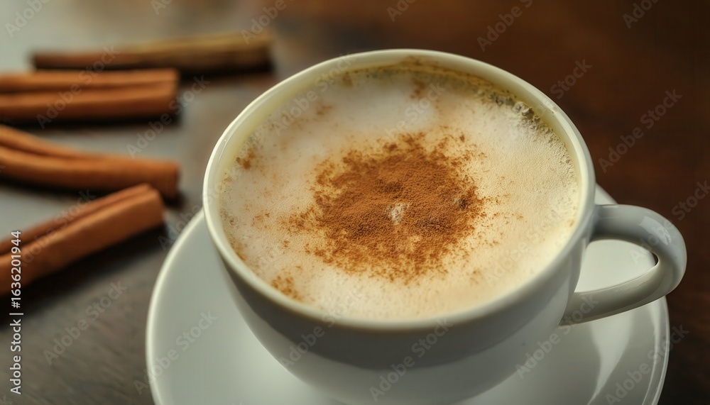 Fototapeta premium Delicious coffee with milk and cinnamon served in a white ceramic cup alongside cinnamon sticks