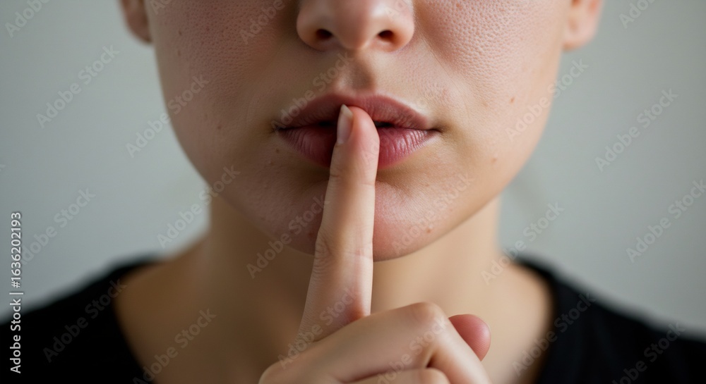 Close-up of a woman's face with finger on lips, gesturing for silence, skin texture and facial features highlighted, concept of secrecy or hush Close-up of a woman's face with finger on lips, gesturing for silence, skin texture and facial features highlighted, concept of secrecy or hush
