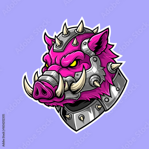 Vibrant Pink Boar Head Mascot with Spiked Metal Armor and Intense Yellow Eyes.