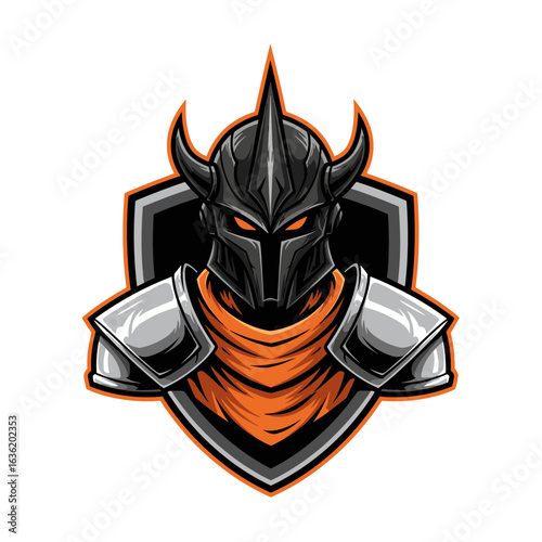 Detailed Illustration of a Knights Helmet with Horns and Orange Accents.