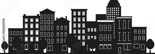 Urban residential buildings skyline, modern downtown street silhouette, apartment architecture outline, city neighborhood design, cityscape with trees, metropolitan housing vector art illustration