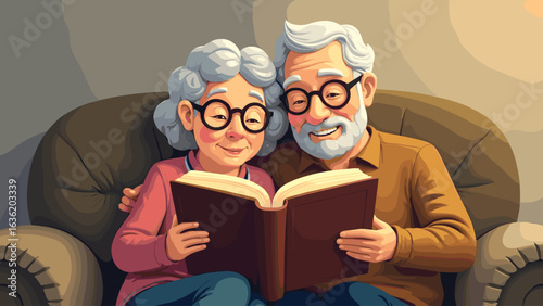 Happy Senior Couple Reading Book Together on Sofa