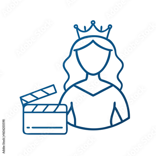 Charming icon of a female actress in royal costume with clapperboard for film industry professionals