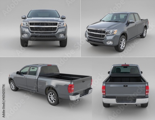 Realistic grey pickup truck mockup from multiple angles on isolated background