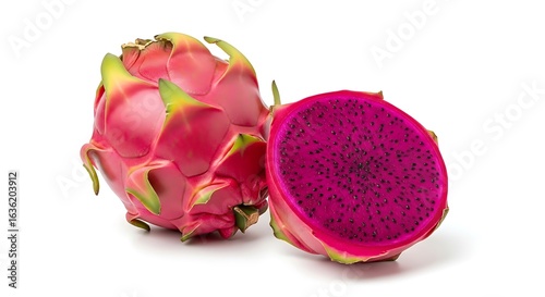 Vibrant pitaya fruit with bright pink flesh and green scales