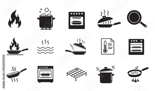 Cooking and Food Preparation Vector Icons Set. Cooking and Kitchen Elements in Solid Black Silhouette illustration